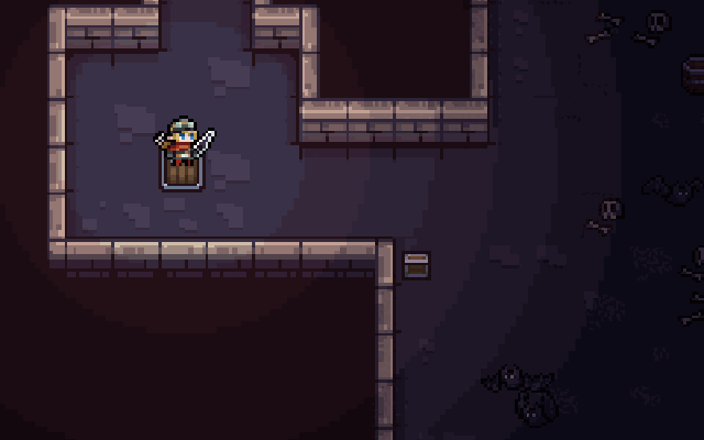 A torchlit dungeon room with a hero and scattered coins